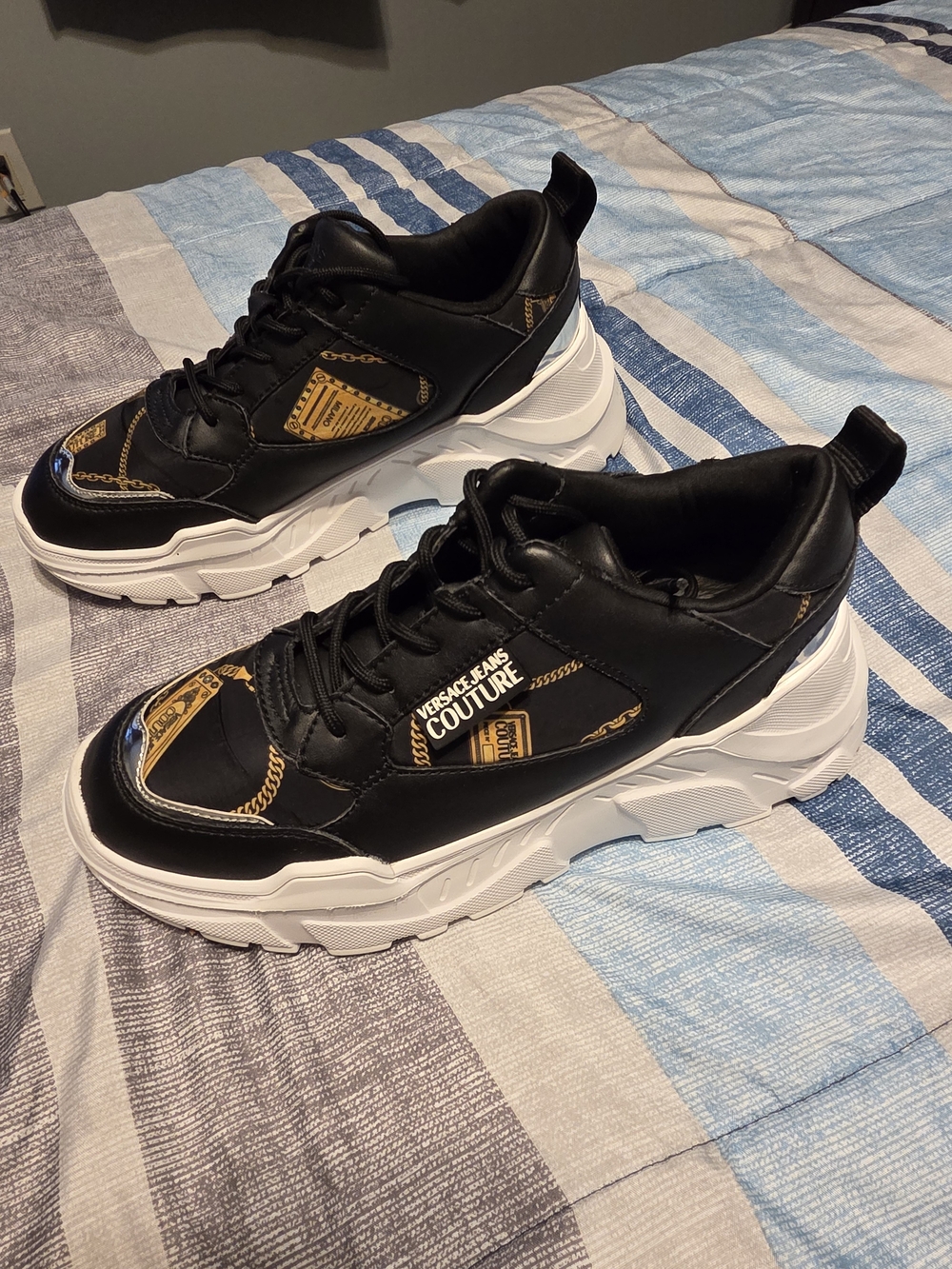Versace Jeans Collection Black Sneakers with Gold Print and White Sole